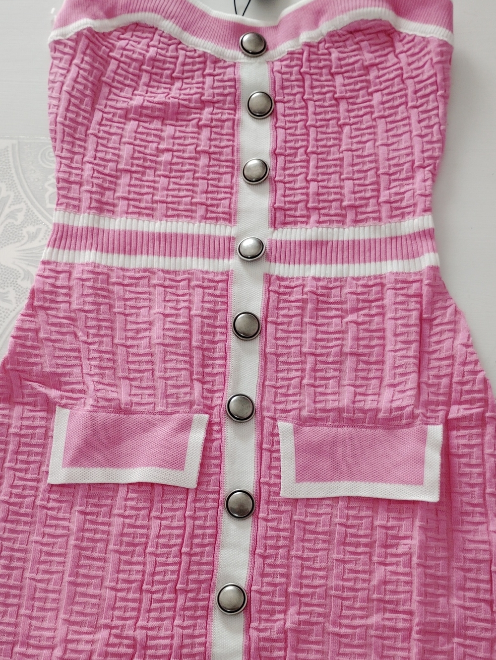 NWT Fashion Nova Sophia Sweater Midi Pink Textured Dress with White Trim